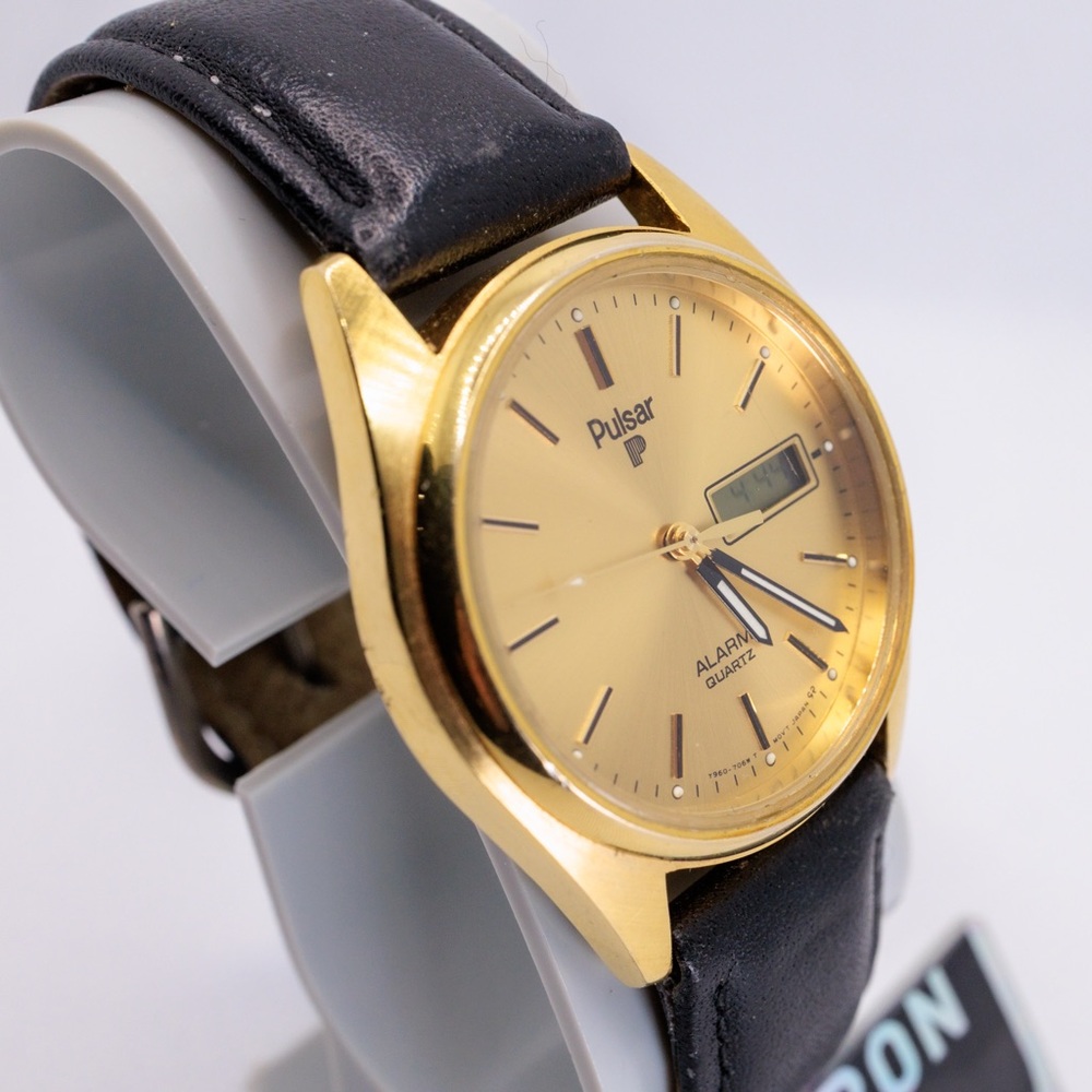 Pulsar Y960-7059 Gold Black Leather Analog Digital 34mm Vintage Watch
